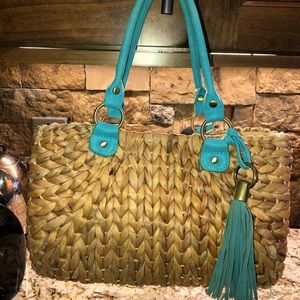 Straw Studios for Dillards Straw Purse with Turquoise Leather Accents.